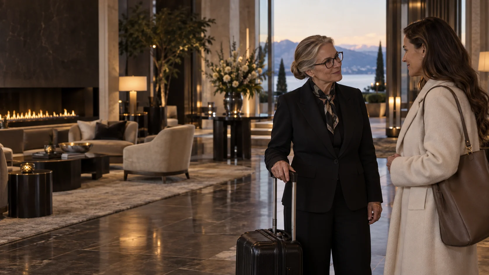 Une concierge accueille une voyageuse et prend soin de son bagage dans un salon privé.