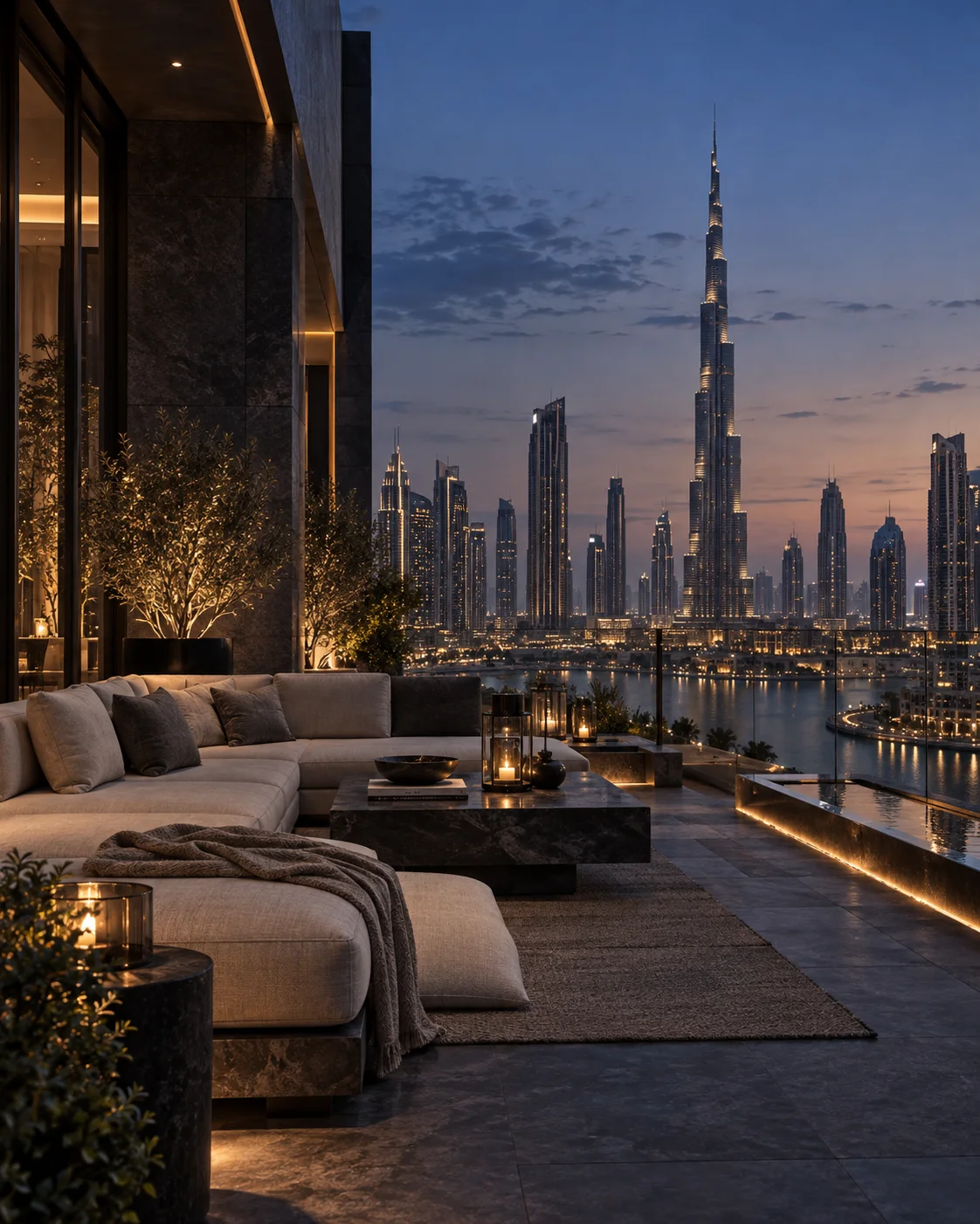 La skyline de Dubaï à l’heure bleue depuis une terrasse calme.