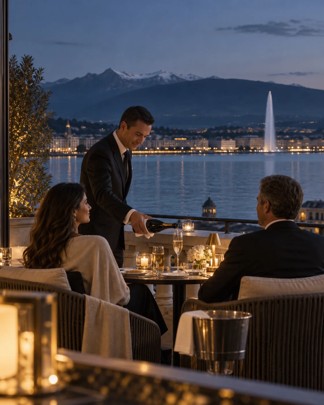 Un service discret sur une terrasse privée face au lac et au Jet d’eau de Genève.