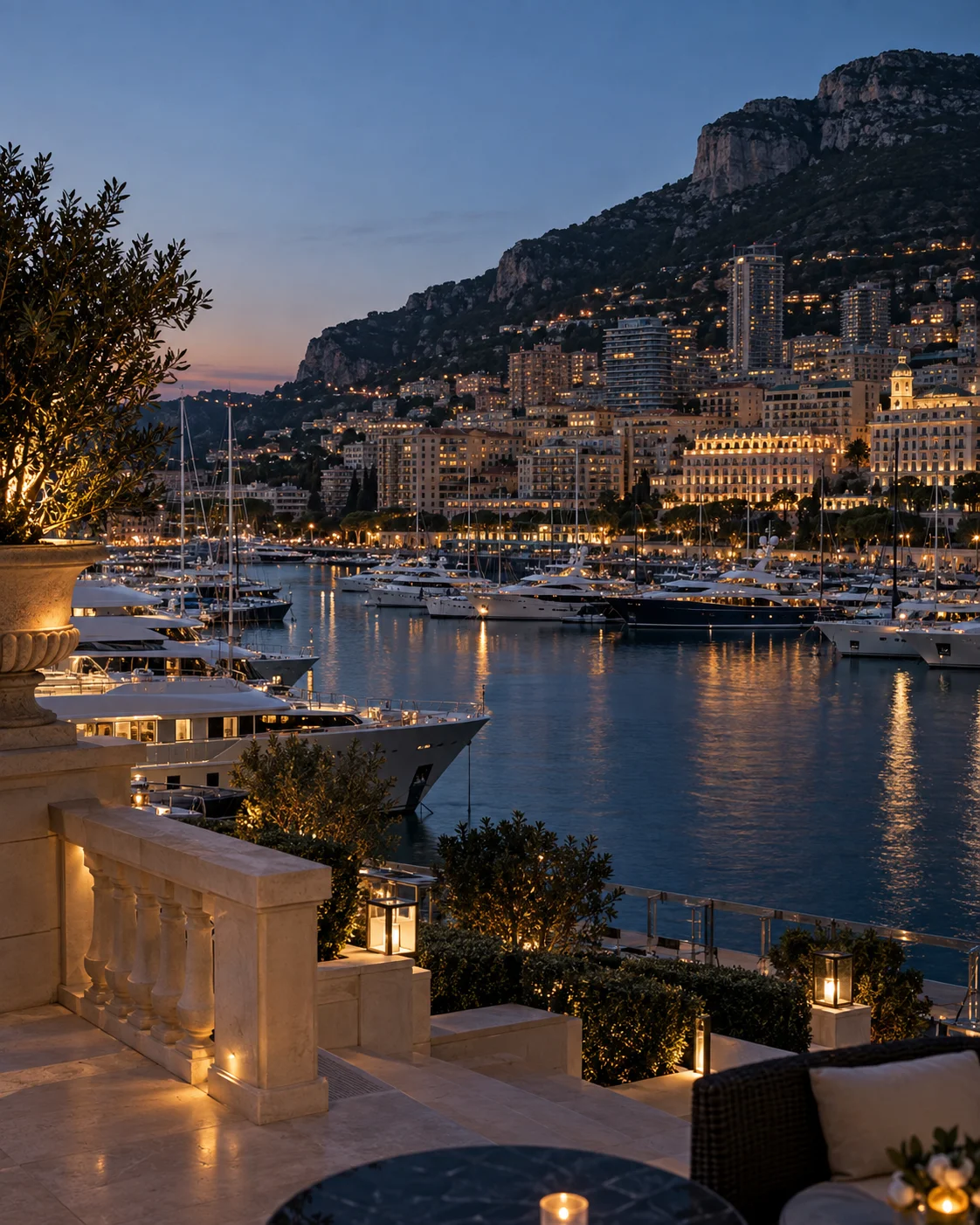 Les yachts de Port Hercule au début de la soirée.