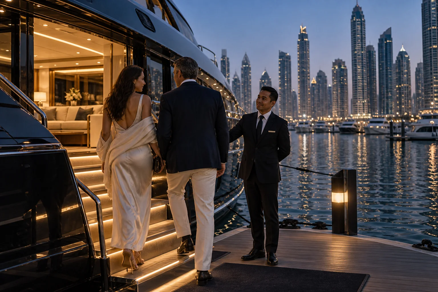 Un yacht dans une marina de Dubaï à l’heure bleue.