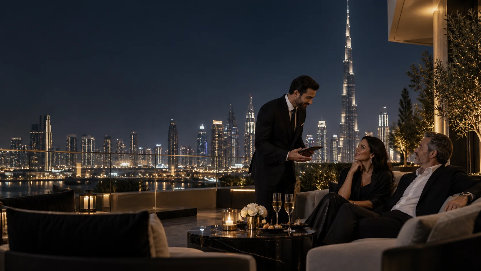 Un concierge échange avec deux hôtes sur une terrasse privée devant la skyline de Dubaï.