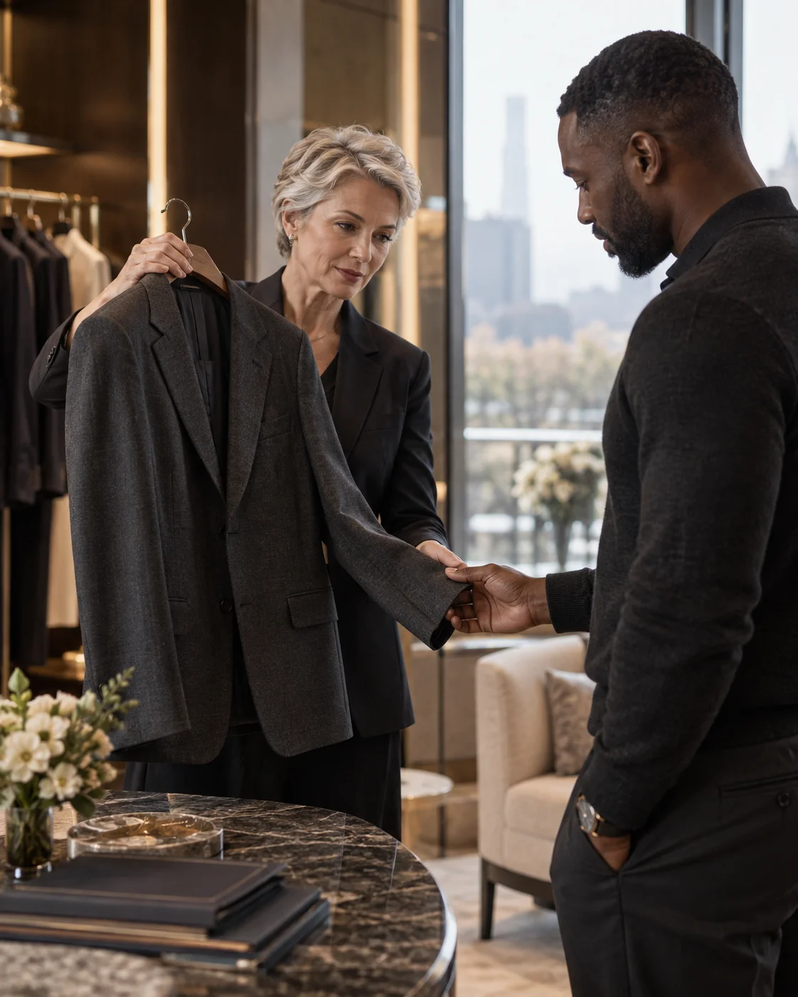 Une personal shopper présente une veste à un client qui en apprécie le tissu.