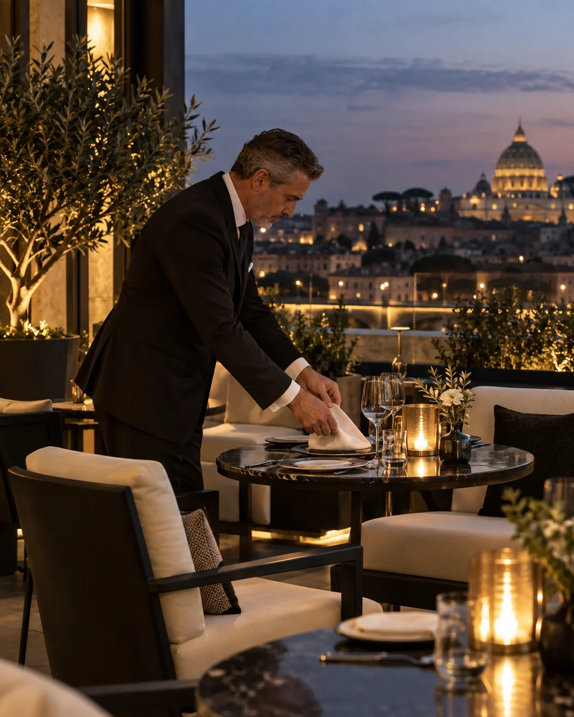Un concierge prépare avec soin une table sur une terrasse privée au crépuscule.