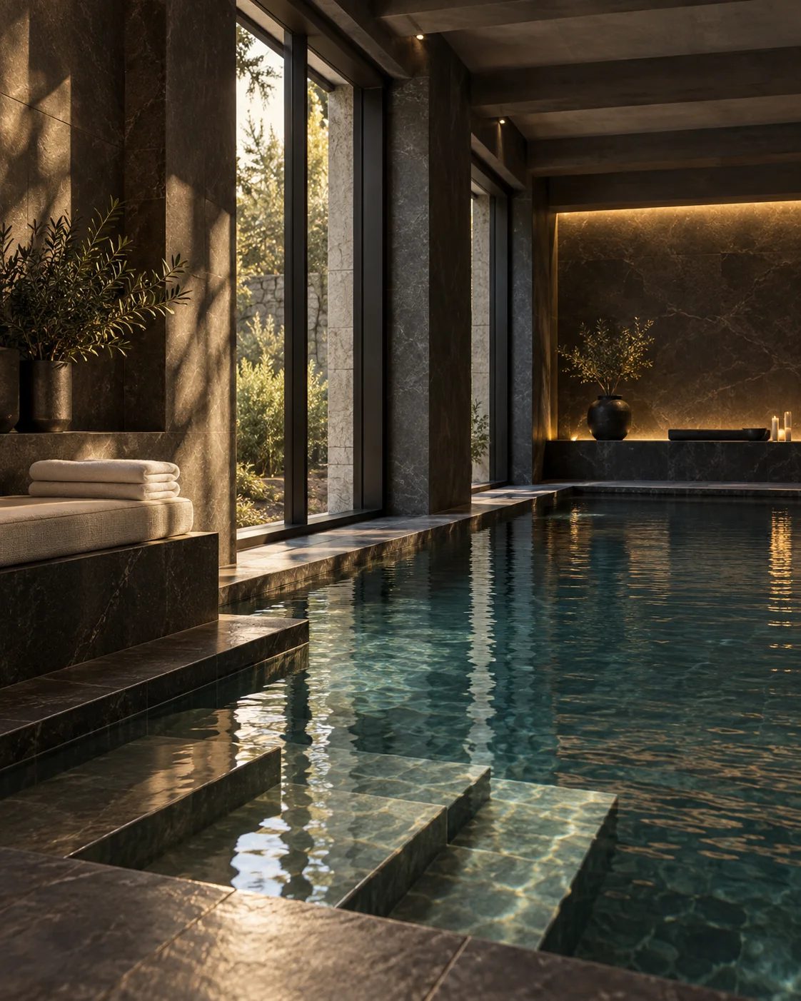 Une piscine intérieure calme dans un spa contemporain.
