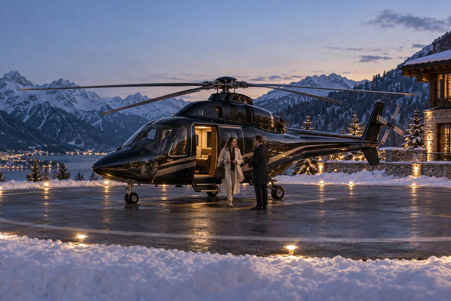 Un hélicoptère au sol devant un paysage alpin hivernal.