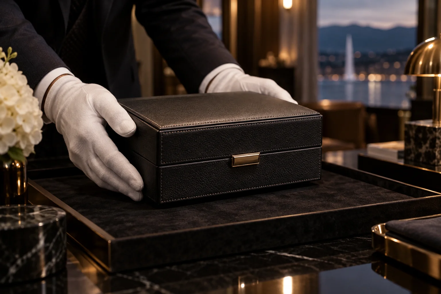 Gants et écrin dans un salon privé d’horlogerie.