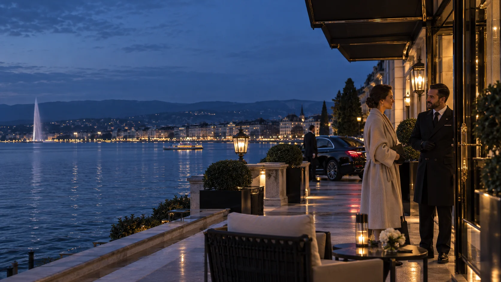 Le lac Léman et les quais de Genève à l’heure bleue, vus depuis une terrasse.