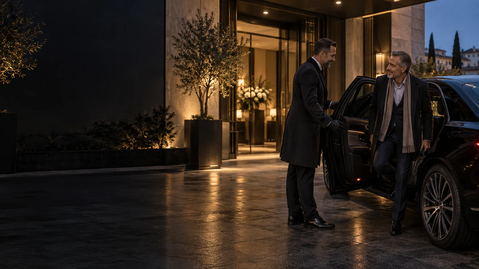 Un concierge accueille un voyageur à la portière d’une berline devant un hôtel contemporain.