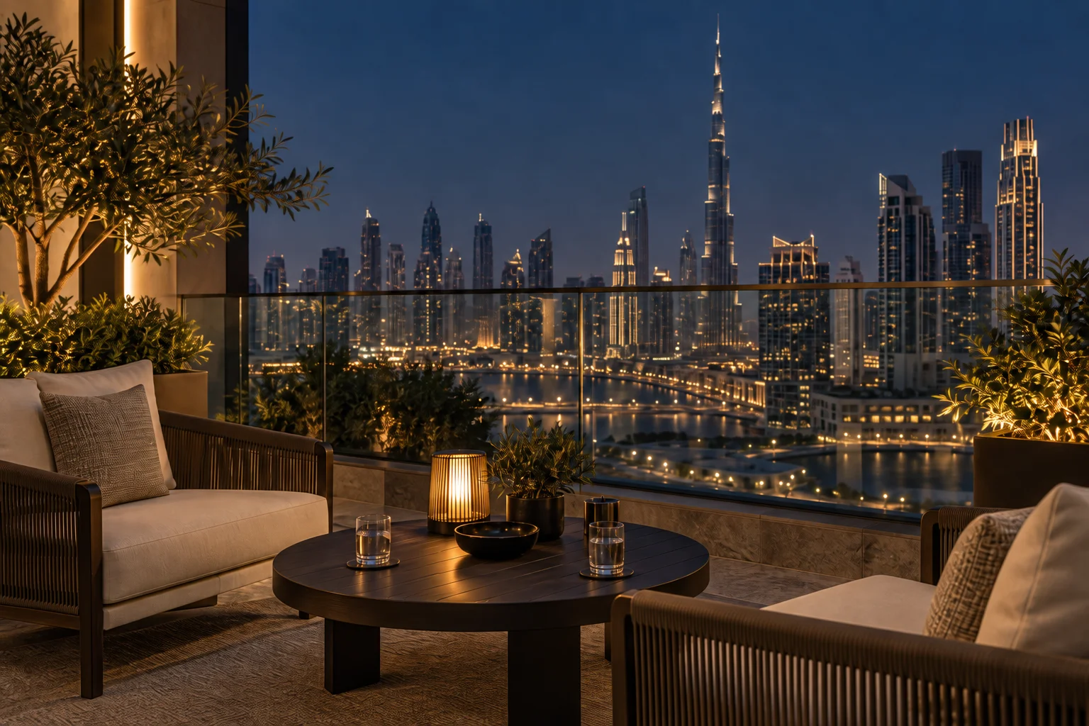 Un salon en terrasse et les lumières de Dubaï le soir.