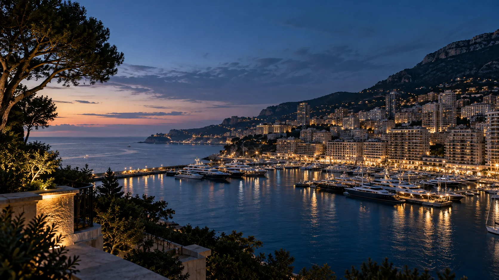 Port Hercule et les lumières de Monaco au crépuscule.