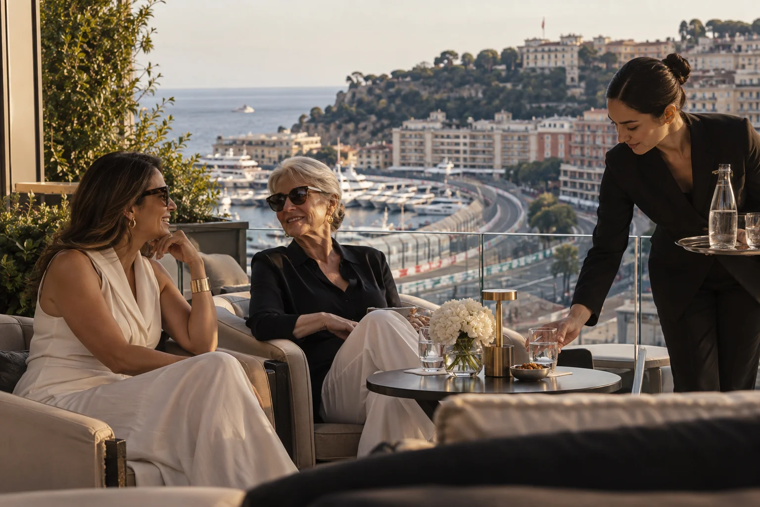 Deux hôtes échangent sur une terrasse privée, avec un service discret et un circuit urbain à l’arrière-plan.