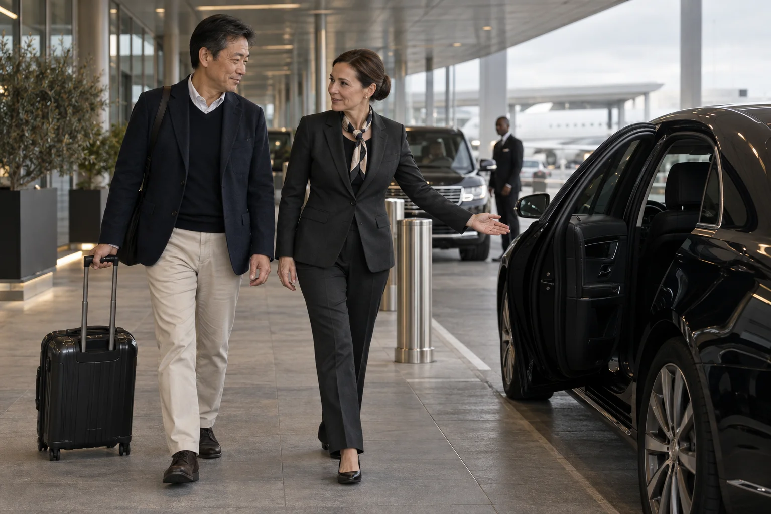 Une concierge accompagne un voyageur et sa valise vers une berline à la sortie d’un terminal privé.