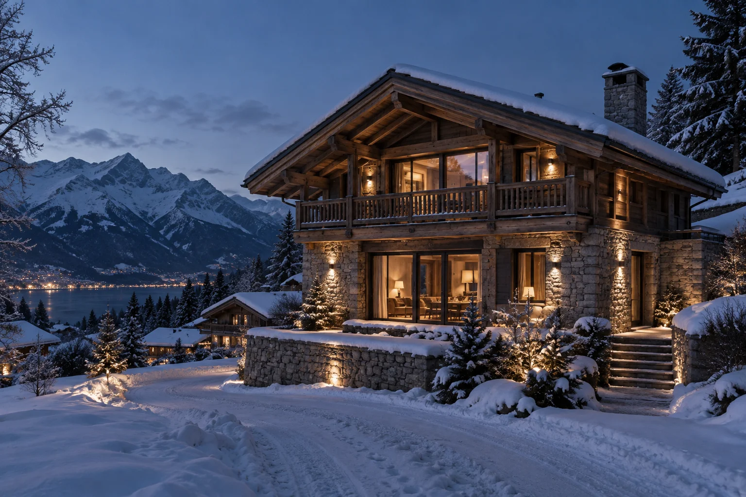 Un chalet alpin éclairé chaleureusement à la tombée du jour.