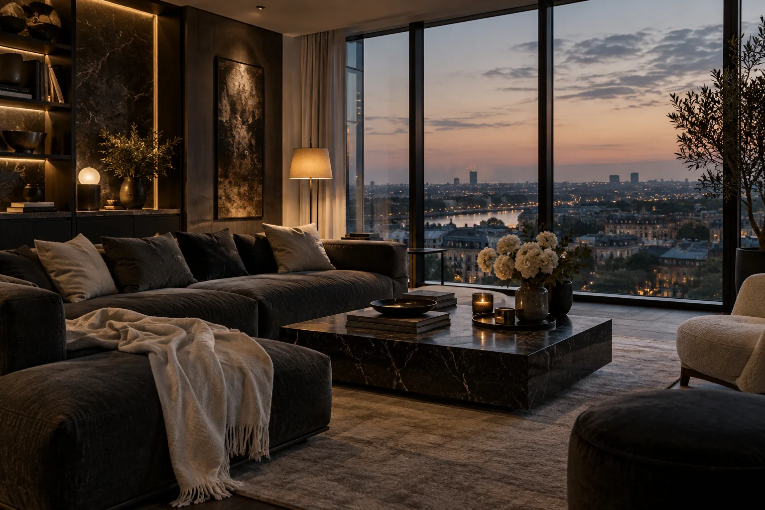 Un penthouse contemporain aux matières naturelles et aux lumières chaudes.