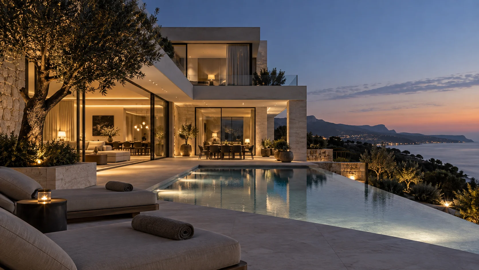 Une villa contemporaine aux lignes plausibles au crépuscule.