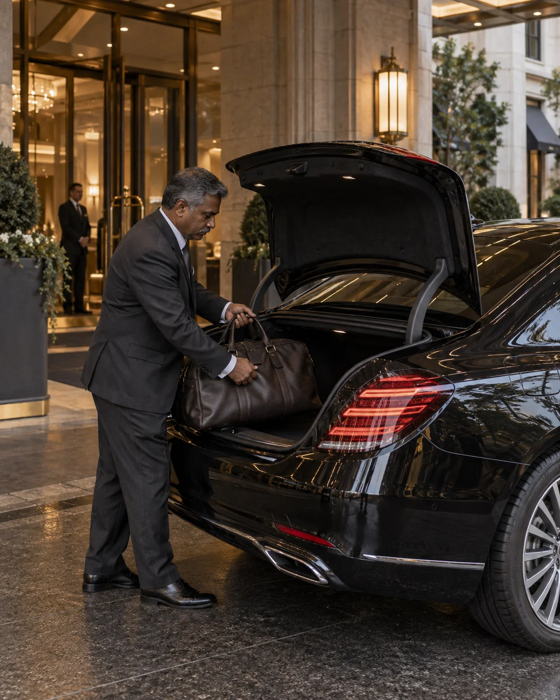 Un accueil avec limousine devant une entrée d’hôtel.