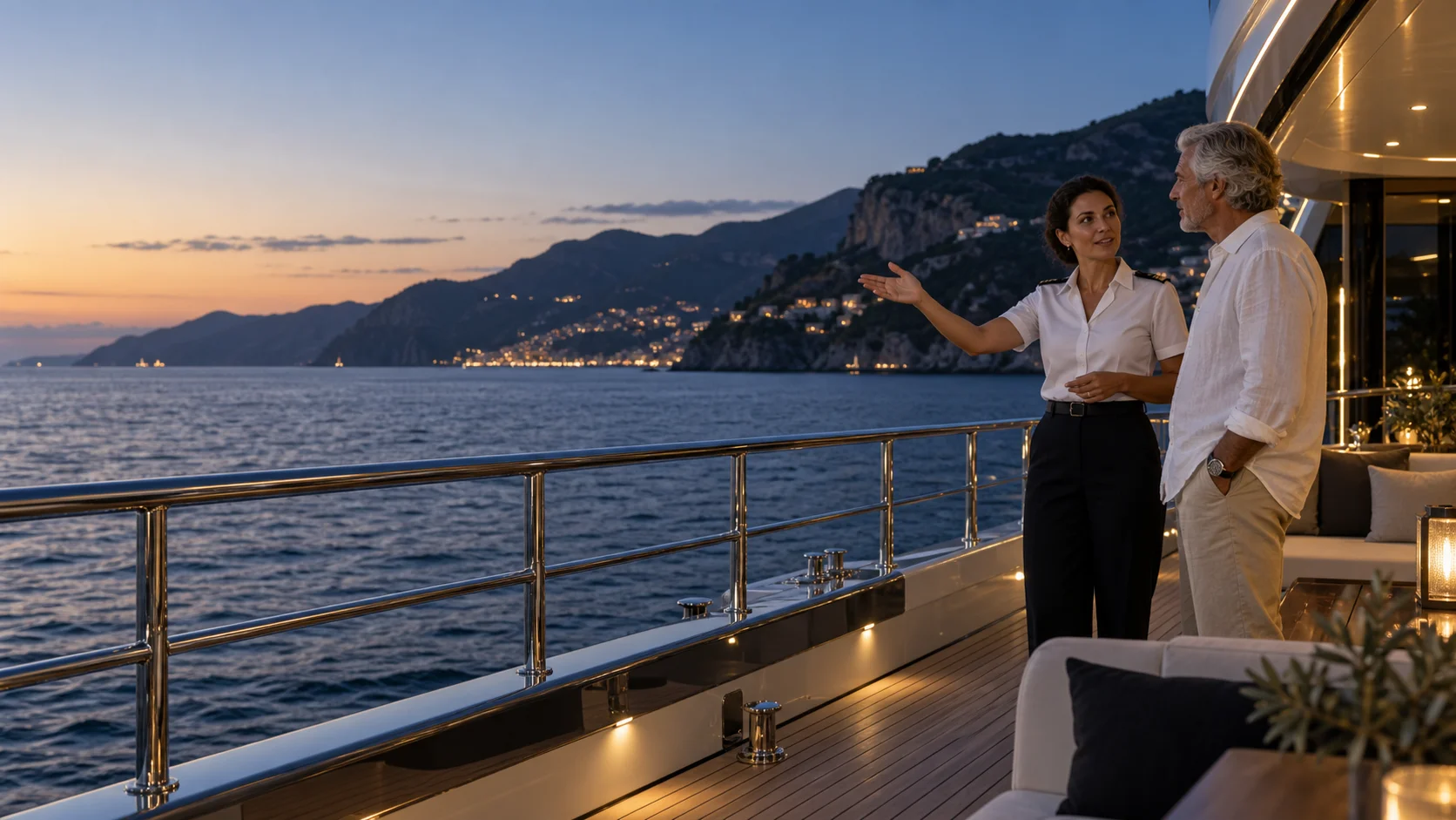 Une membre d’équipage présente la côte à un hôte depuis le pont d’un yacht privé.