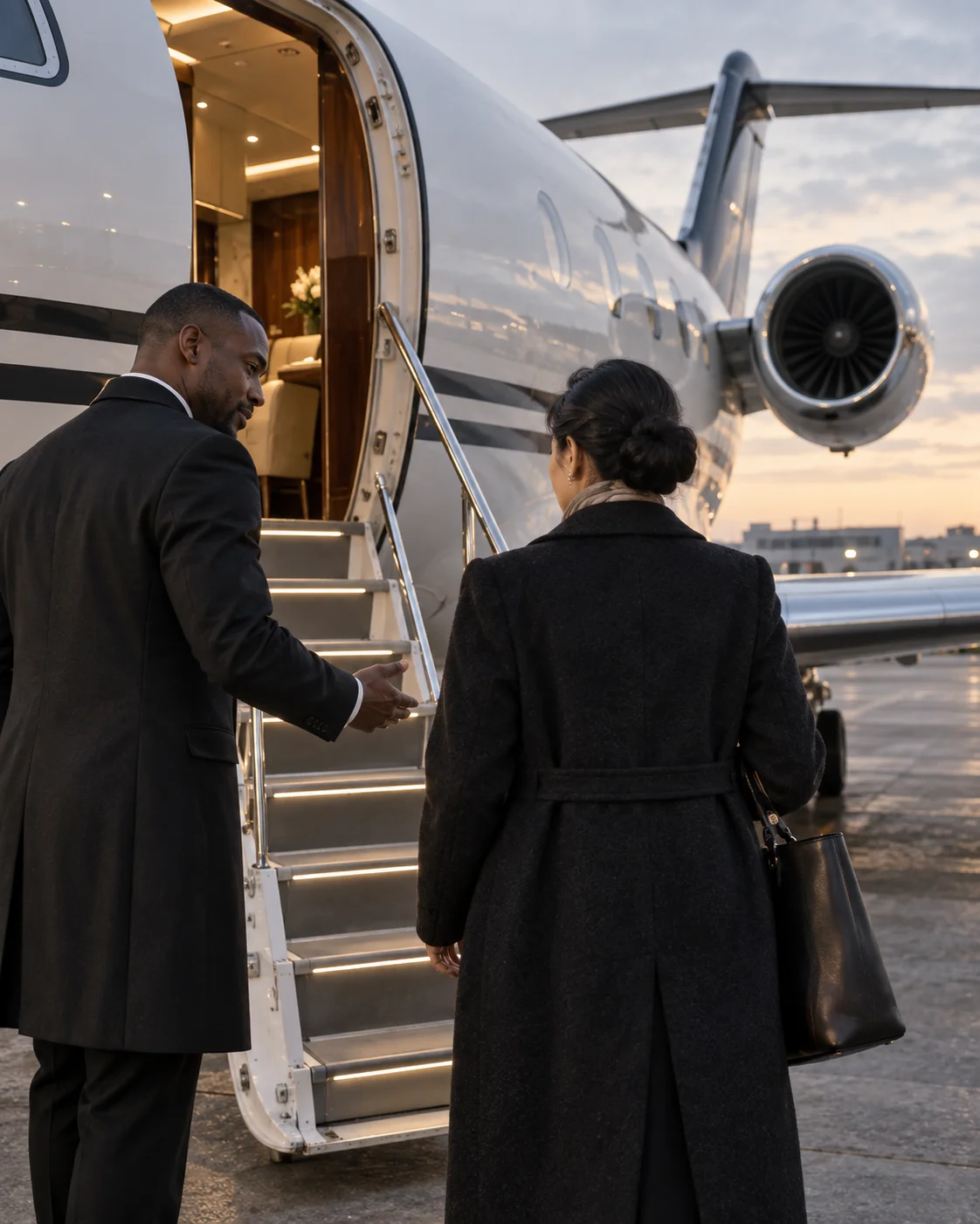 Un concierge accompagne des voyageurs vers un avion privé.