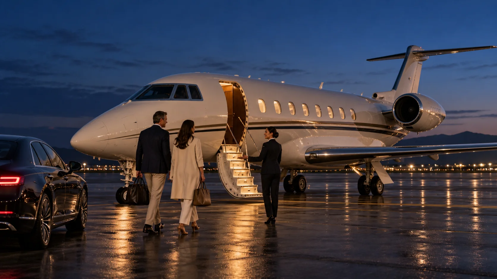 Un départ en jet privé au crépuscule sur un tarmac réaliste.