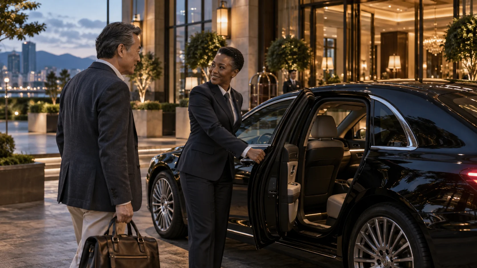 Un chauffeur ouvre la porte d’une berline lors d’un accueil privé.