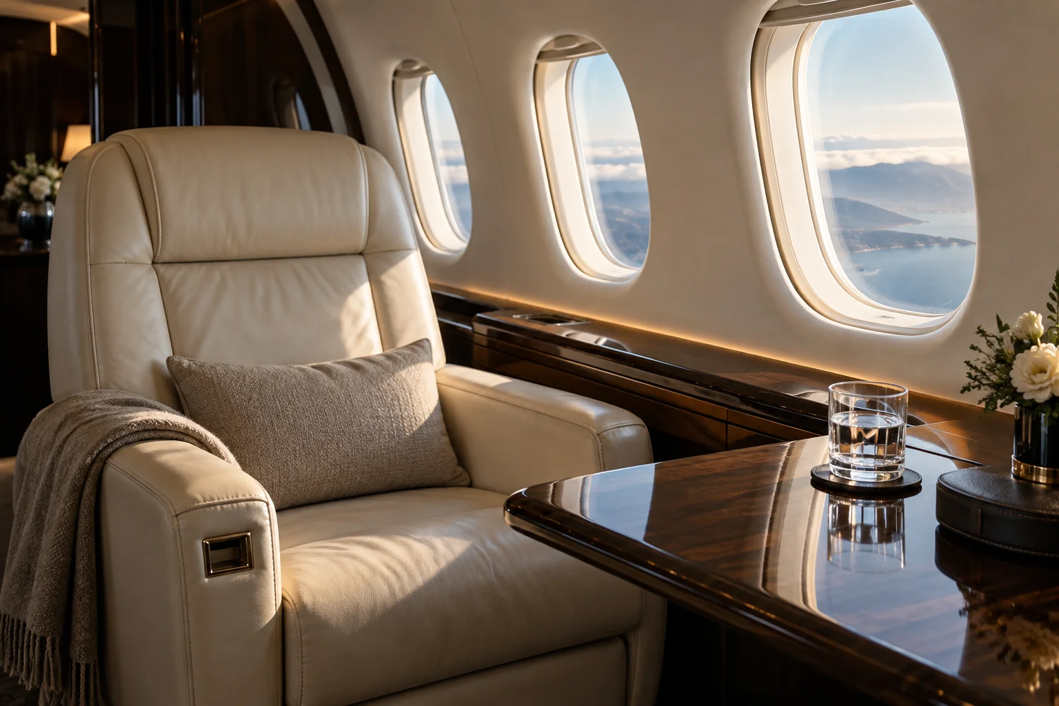 Détail d’une cabine d’aviation privée aux matières sobres.