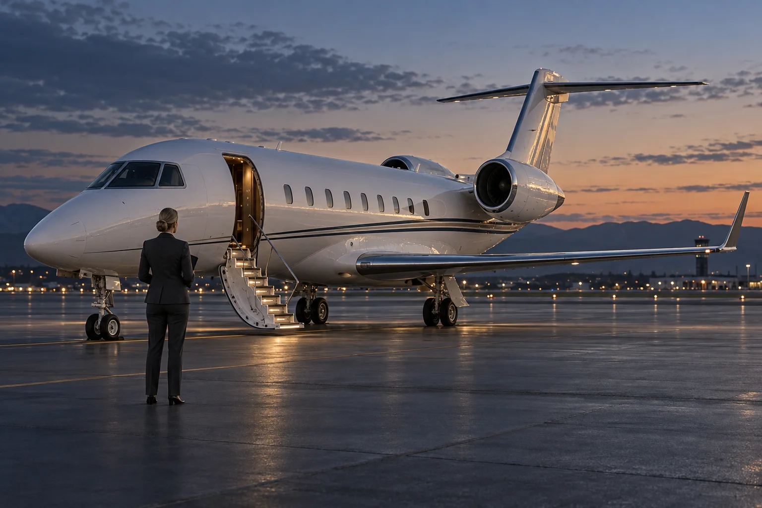Un jet privé stationné sur un aéroport d’affaires à la tombée du jour.