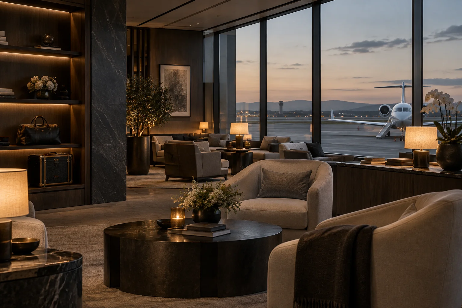 Un salon privé d’aéroport éclairé par une lumière chaude.