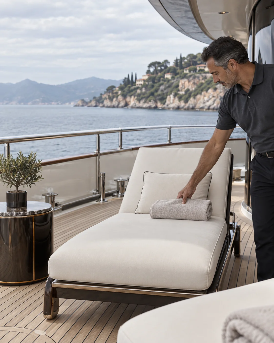 Un salon sur le pont d’un yacht face à la Méditerranée.