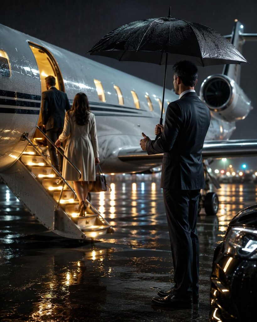 Un concierge accueille des voyageurs au pied de la passerelle, sous la pluie du soir.