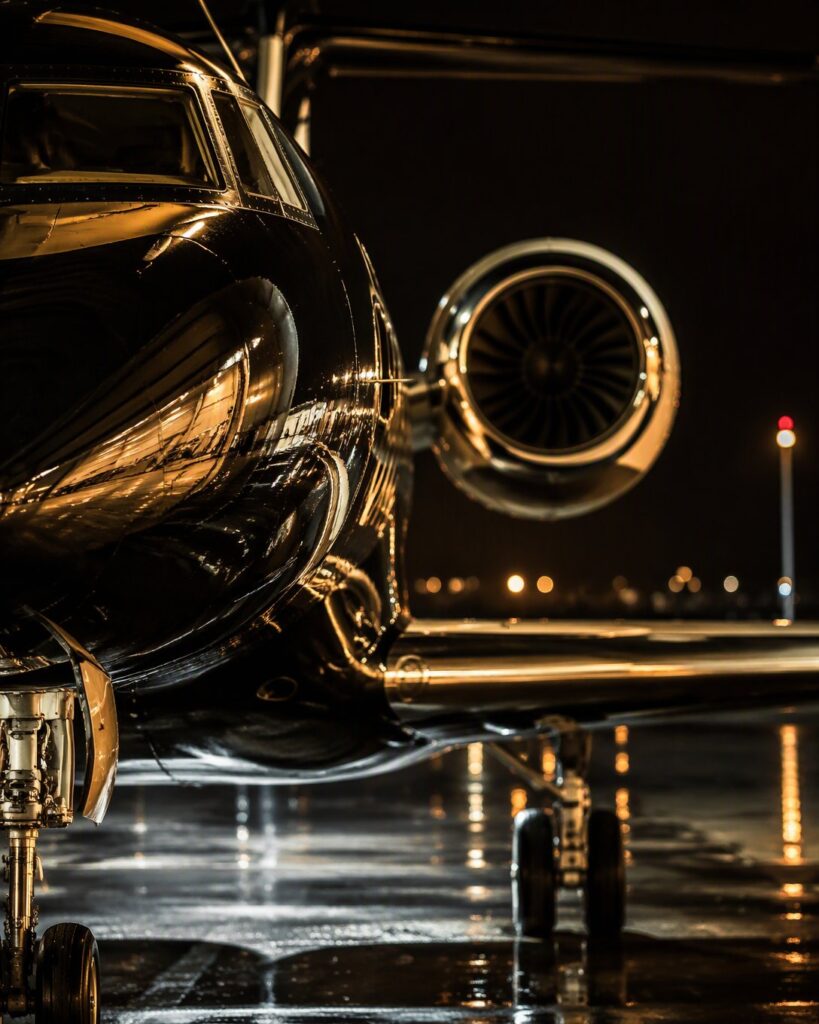 Détail du nez et de la turbine d’un jet privé, reflets dorés sur le tarmac.