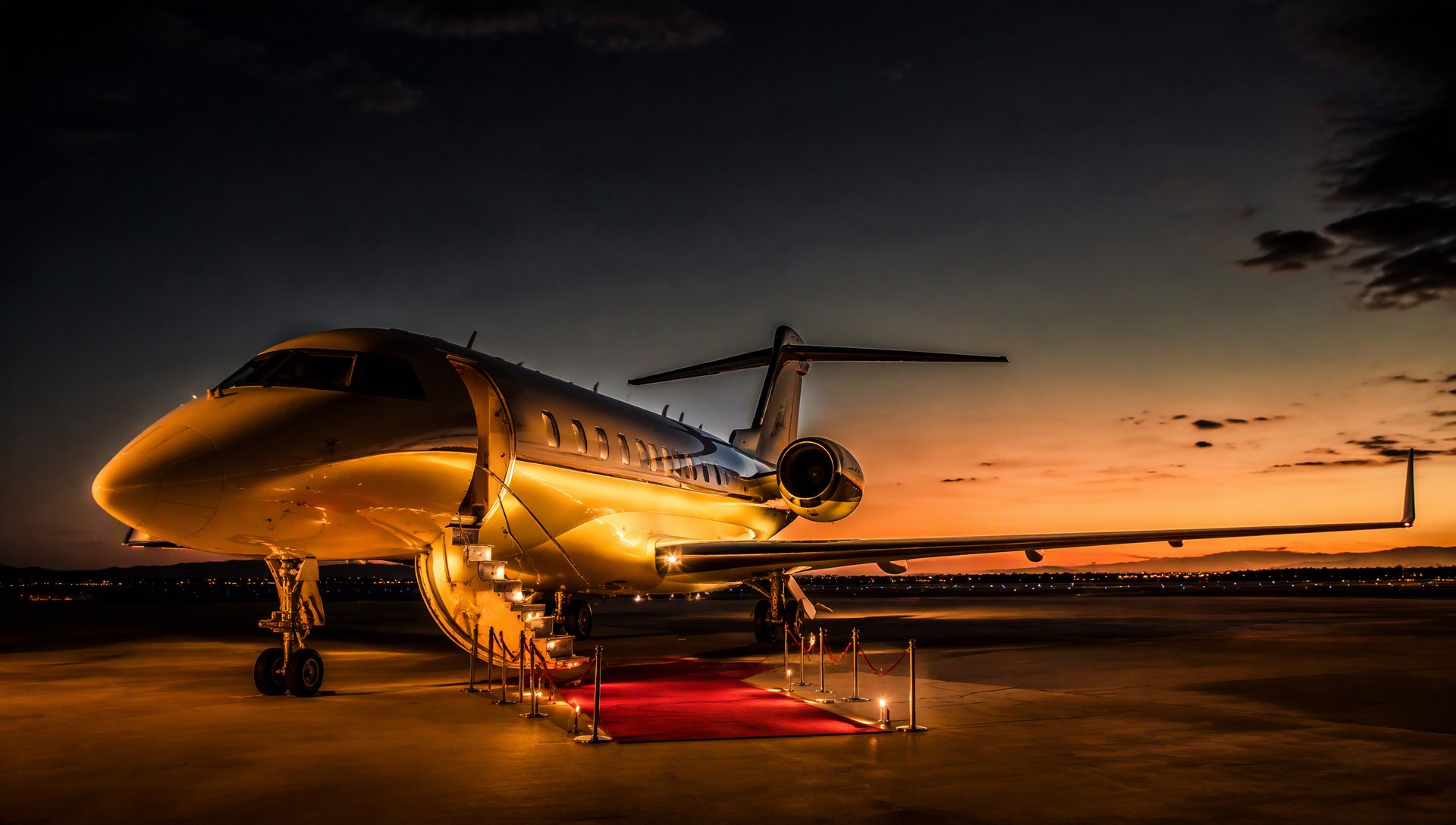 Un jet privé sur le tarmac au crépuscule, tapis rouge déployé.
