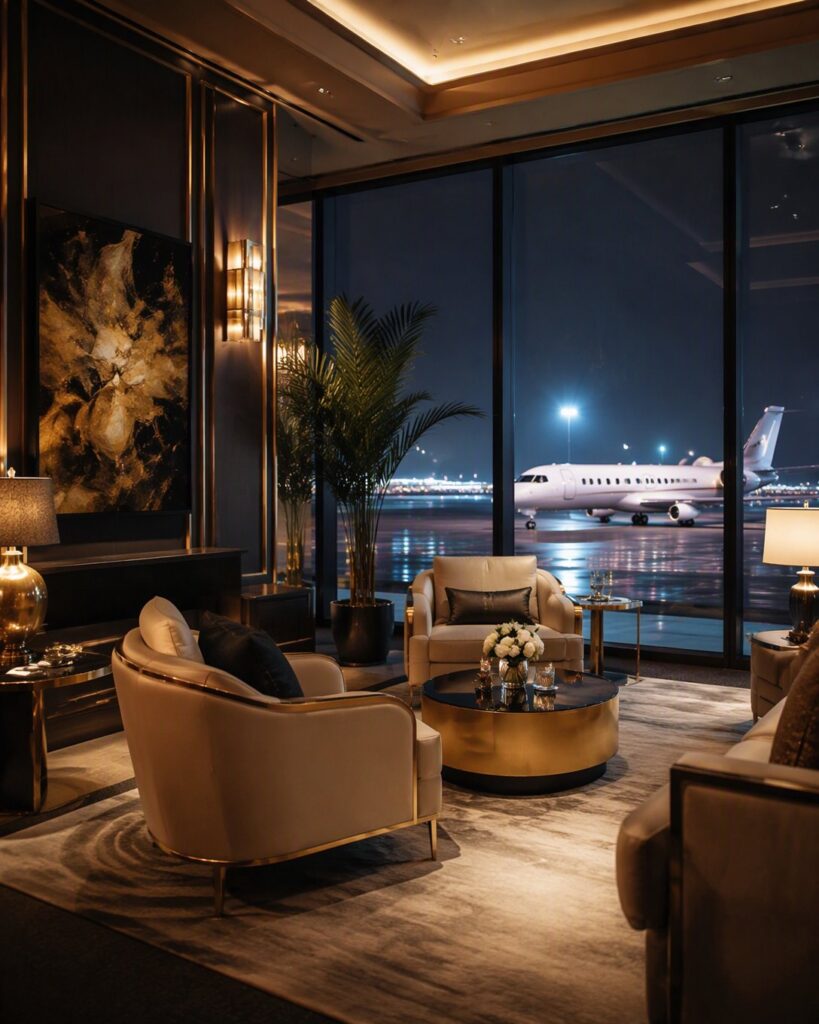 Un salon privé d’aéroport, vue sur le jet à la tombée de la nuit.