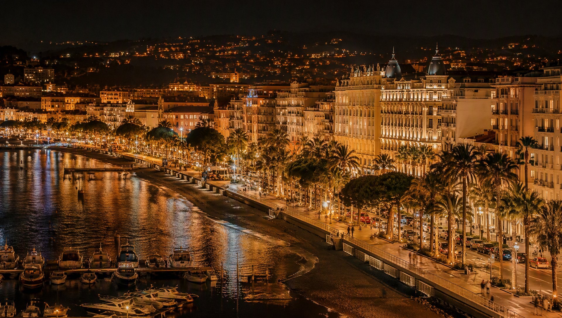 La Croisette illuminée la nuit, palaces et palmiers face à la baie de Cannes.