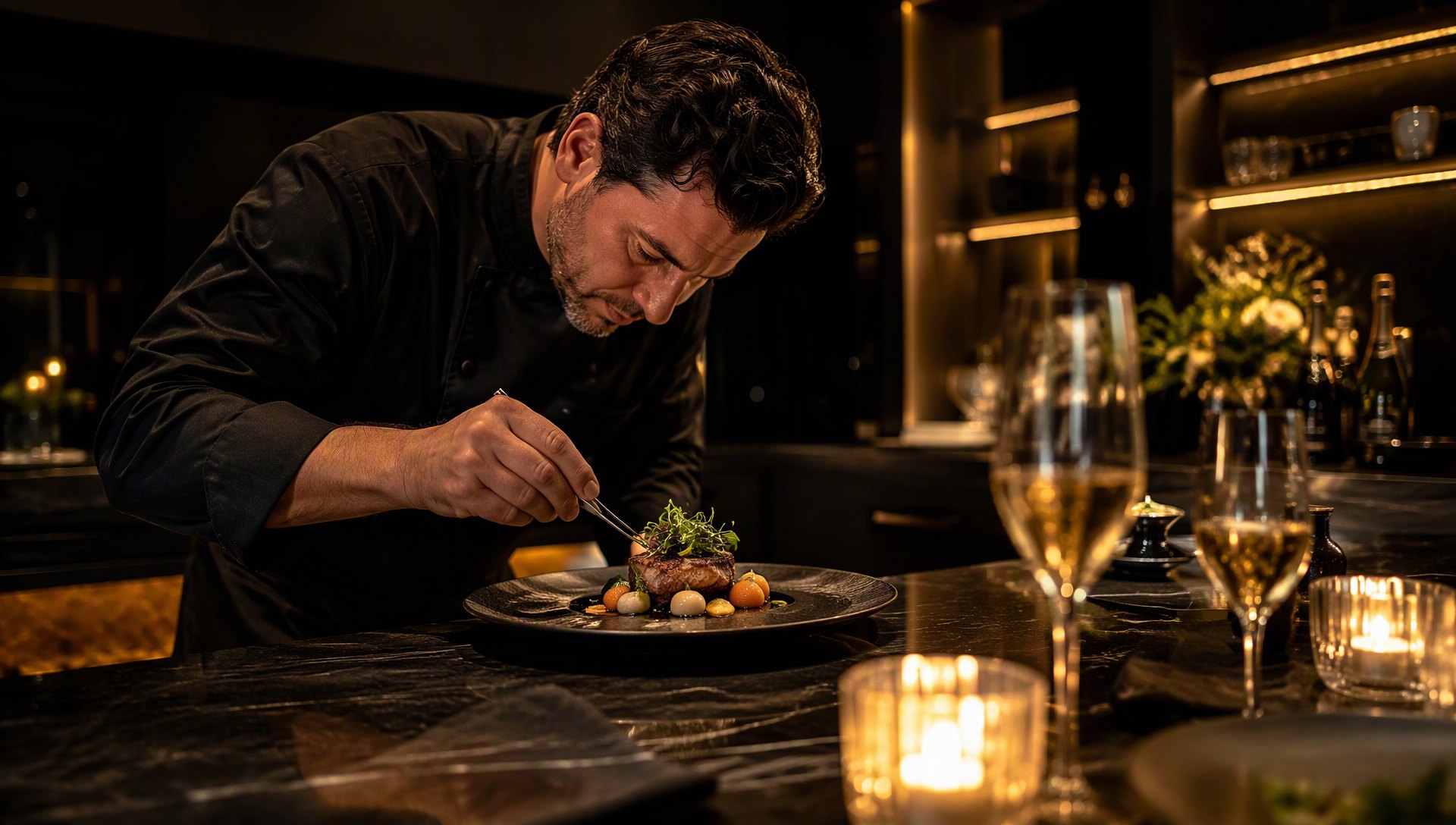 Un chef privé dresse un plat gastronomique à la lueur des bougies, dans la cuisine d’une villa.