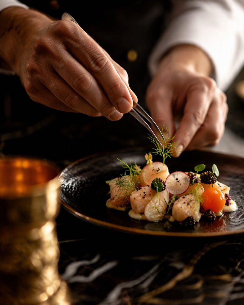 Le chef compose une assiette gastronomique, geste précis à la pince.