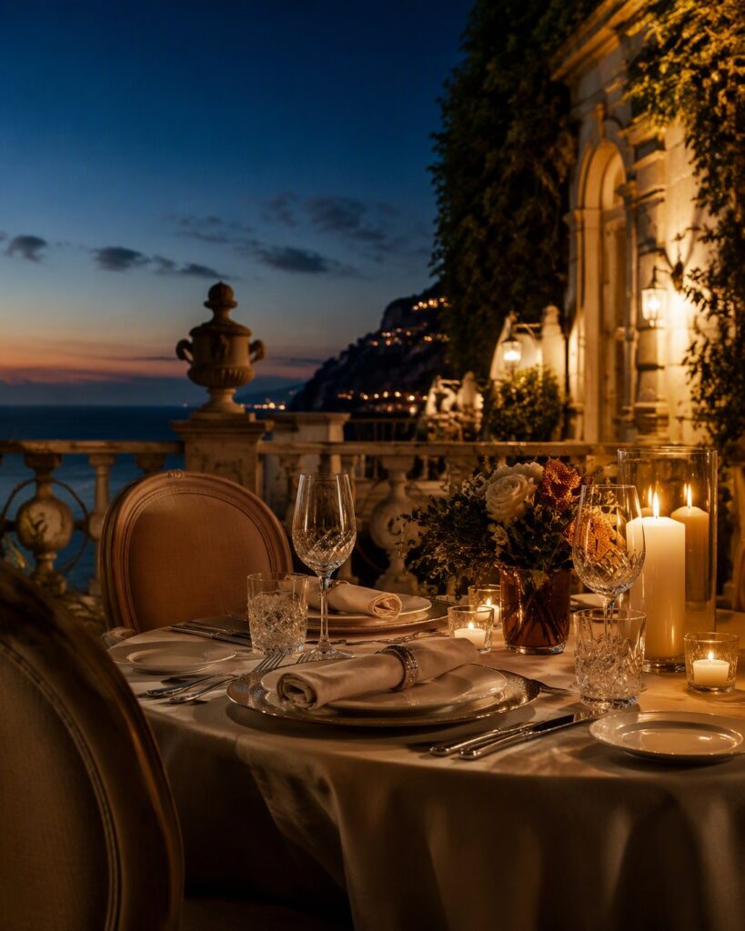 Une table dressée pour deux sur une terrasse de villa au crépuscule, bougies et cristal.
