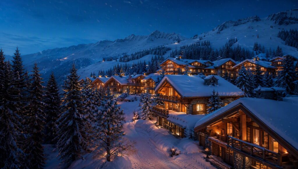 Les chalets de Courchevel 1850 sous la neige, à l’heure bleue.