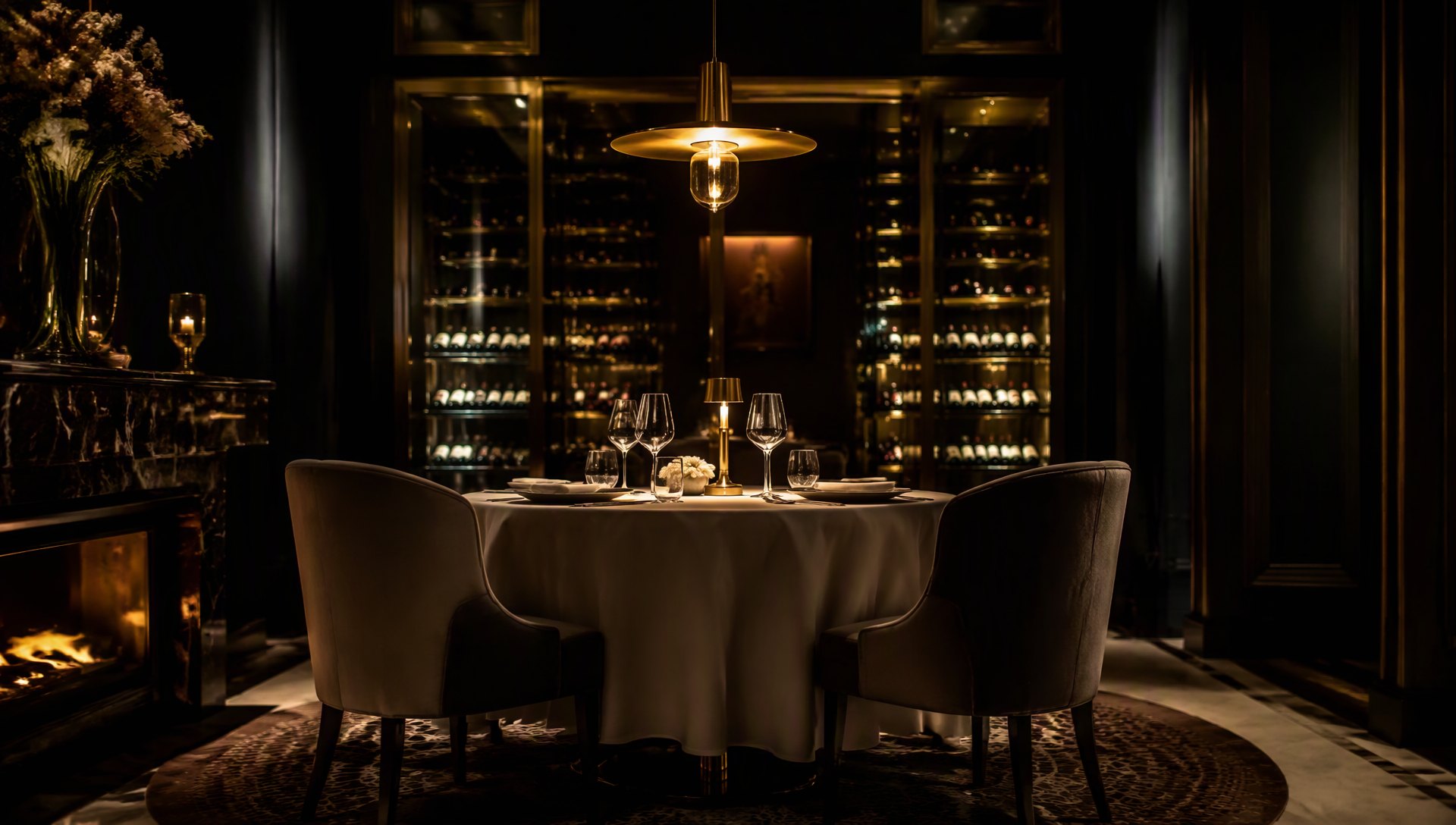Une table privée dressée pour deux dans une salle confidentielle, entre cave à vin et lumière dorée.