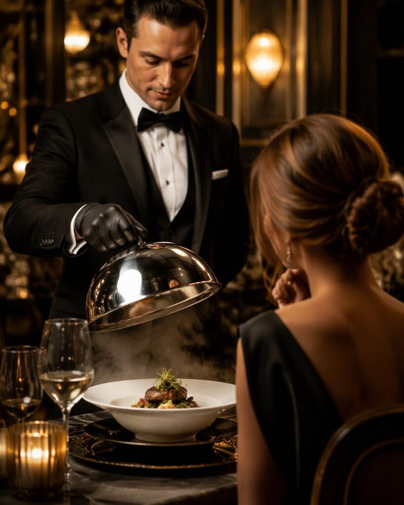 Un maître d’hôtel dévoile un plat gastronomique sous sa cloche, à la lueur des bougies.