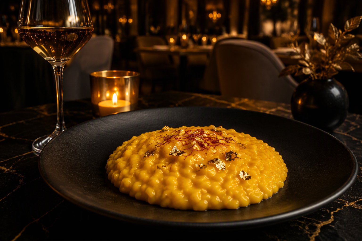 Un risotto alla milanese servi à la lueur des chandelles.