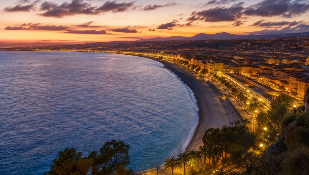 La Baie des Anges et la Promenade des Anglais au crépuscule.