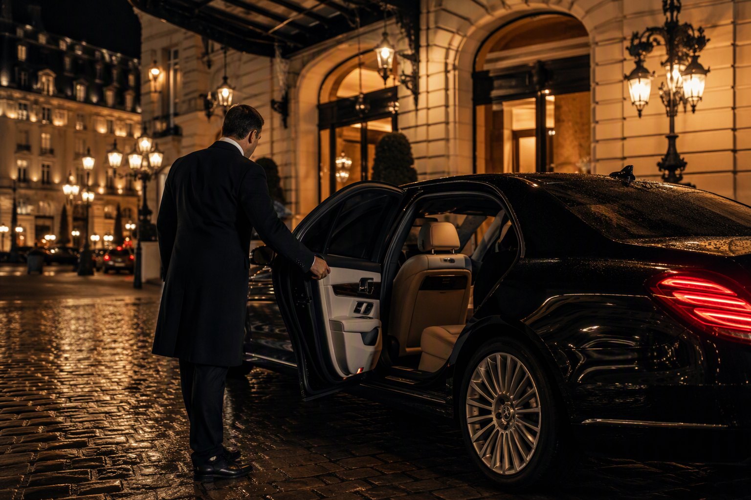Une berline et son chauffeur devant un palace parisien, la nuit.