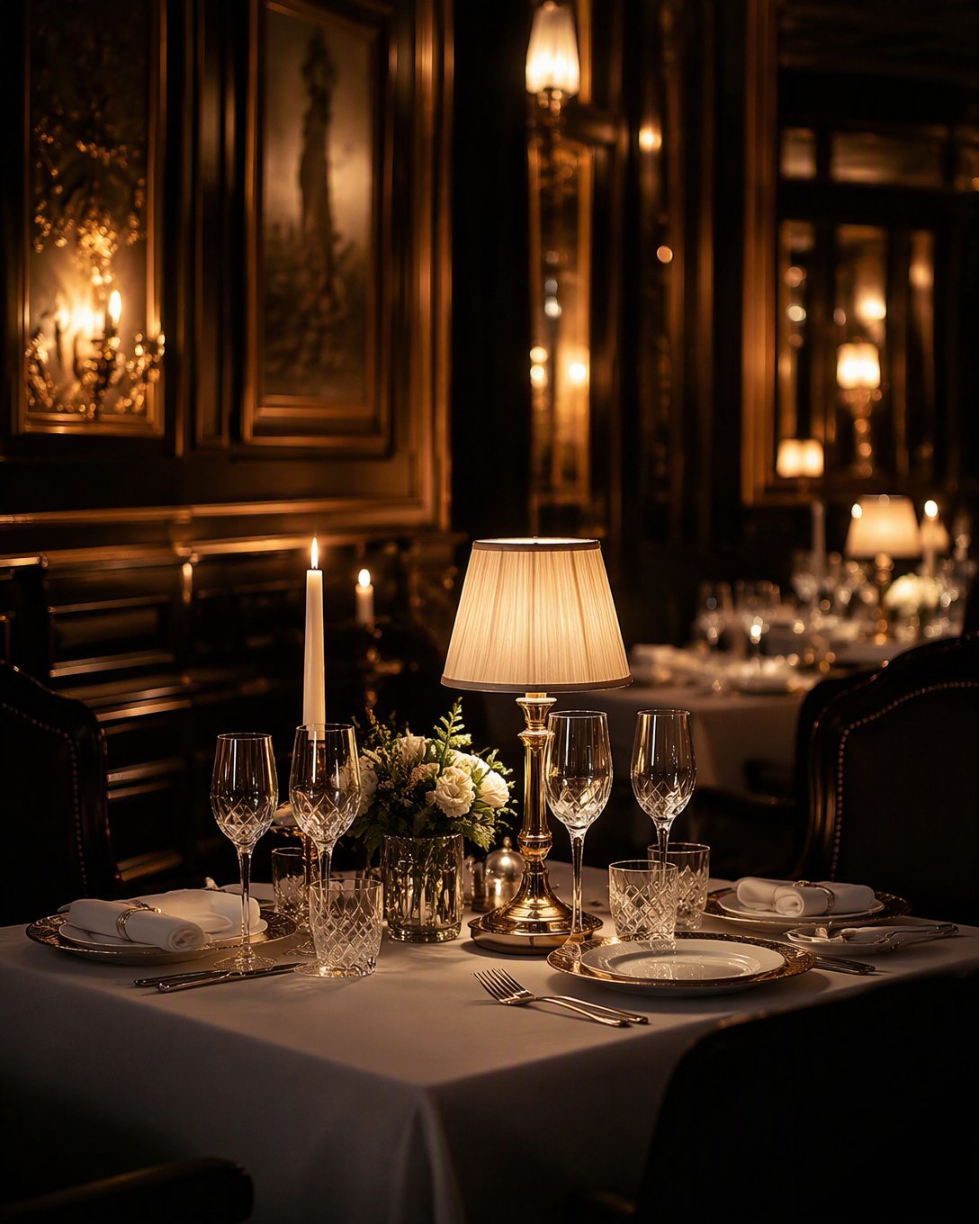 Une table étoilée aux chandelles, dressée pour deux dans un restaurant parisien confidentiel.