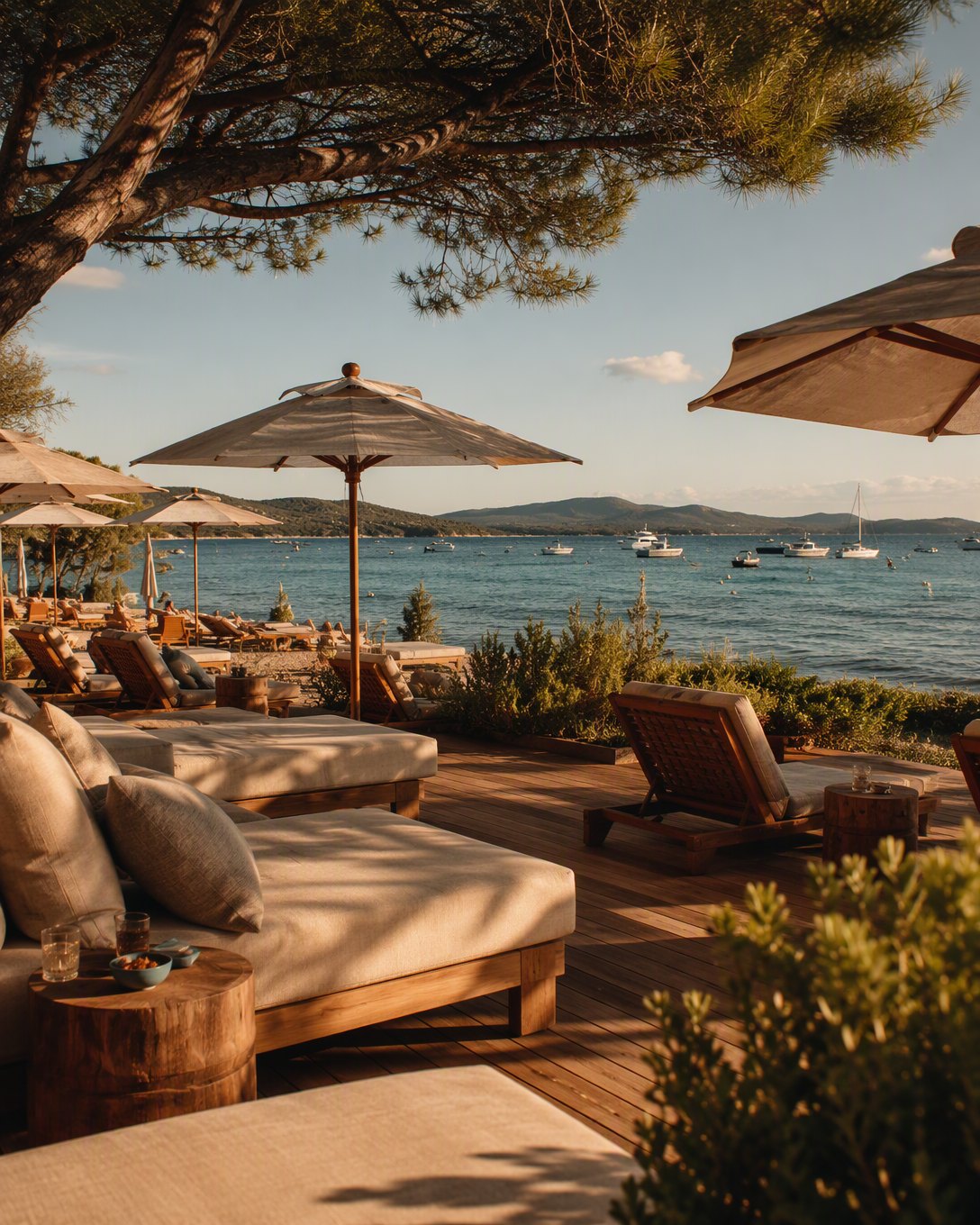 Une plage privée à Pampelonne, entre transats de lin et mer turquoise.