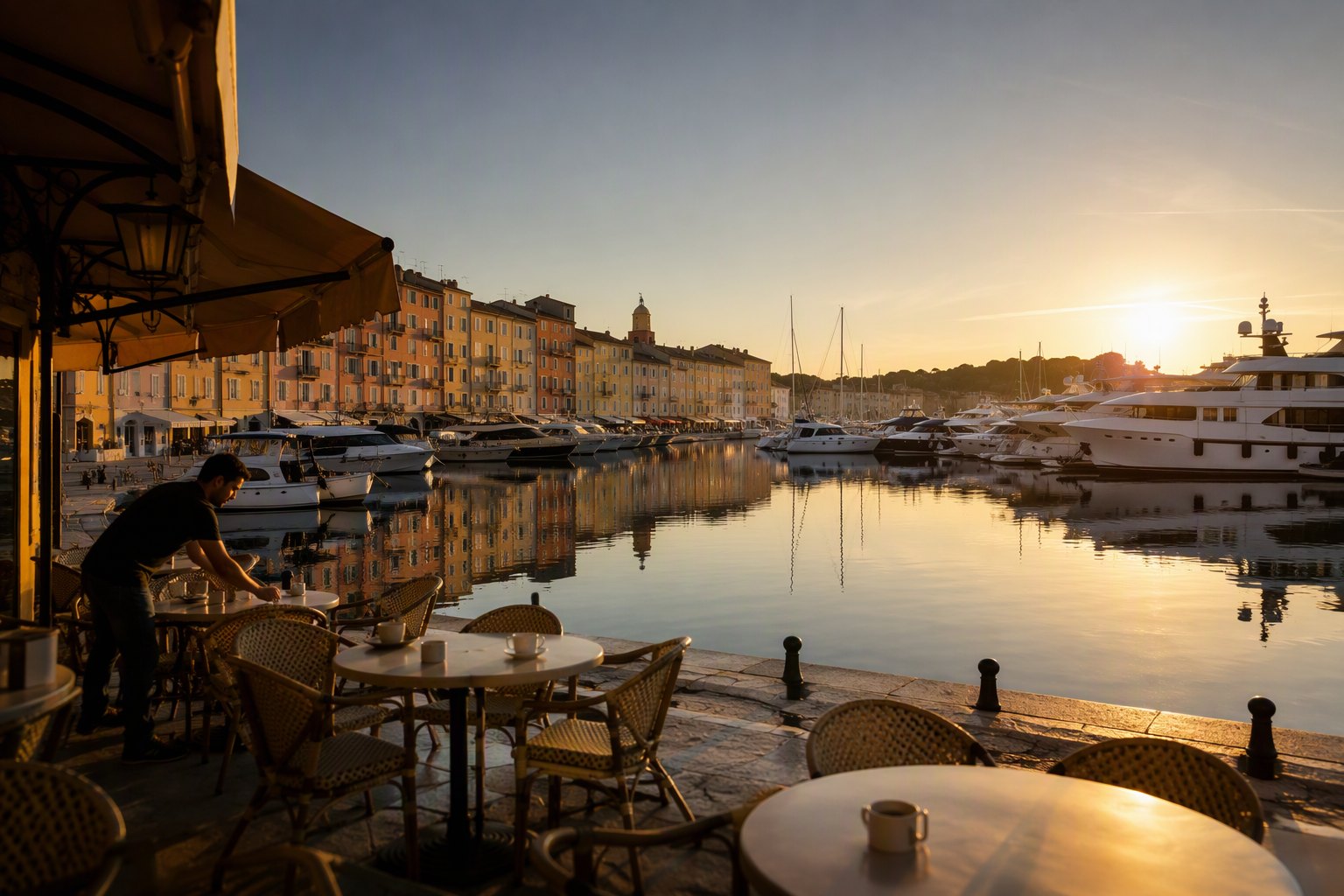 Le port de Saint-Tropez au petit matin, les voiliers en escale.