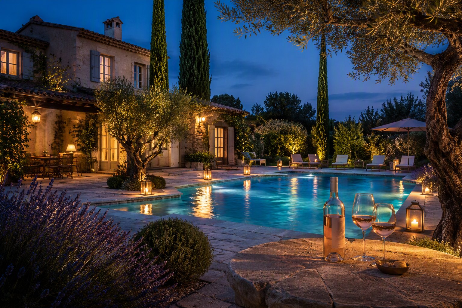 Une villa provençale au couchant, entre lavande et oliviers.