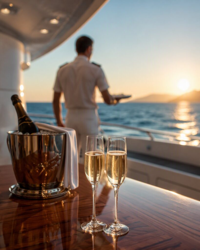 Service champagne sur le pont arrière d’un yacht, au soleil couchant.