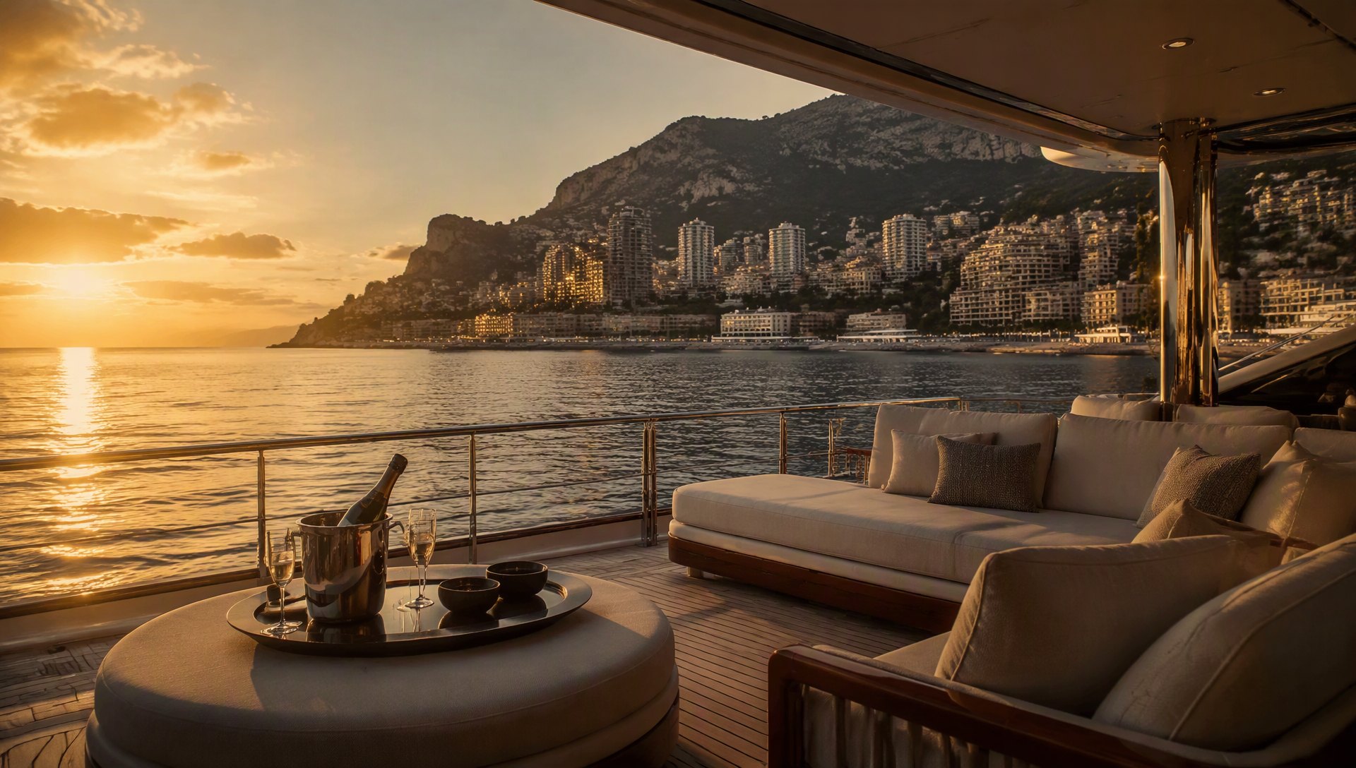 Le pont d’un superyacht face à la Riviera au couchant, champagne et salon en teck.