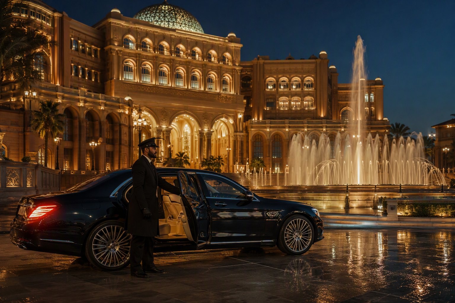 Une berline et son chauffeur devant un palace d’Abu Dhabi, la nuit.